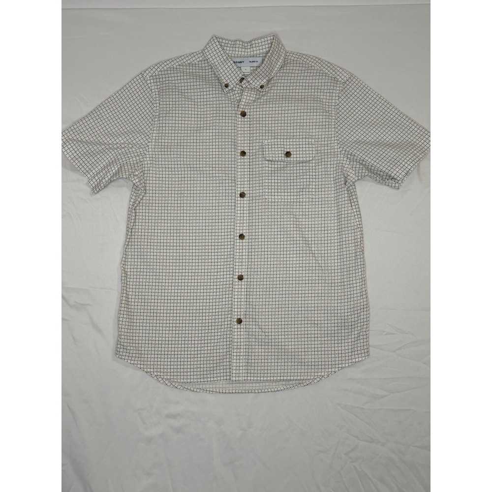 Old Navy Mens Medium Relaxed Fit Button Up Shirt White Pattern Short Sleeve